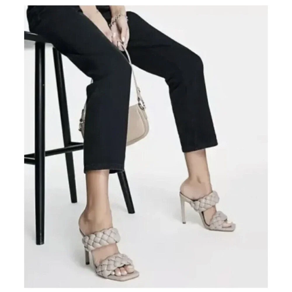 Steve Madden Kenley Heels Womens Sz 6M Open Toe Pump Braided Strap Taupe NWOB